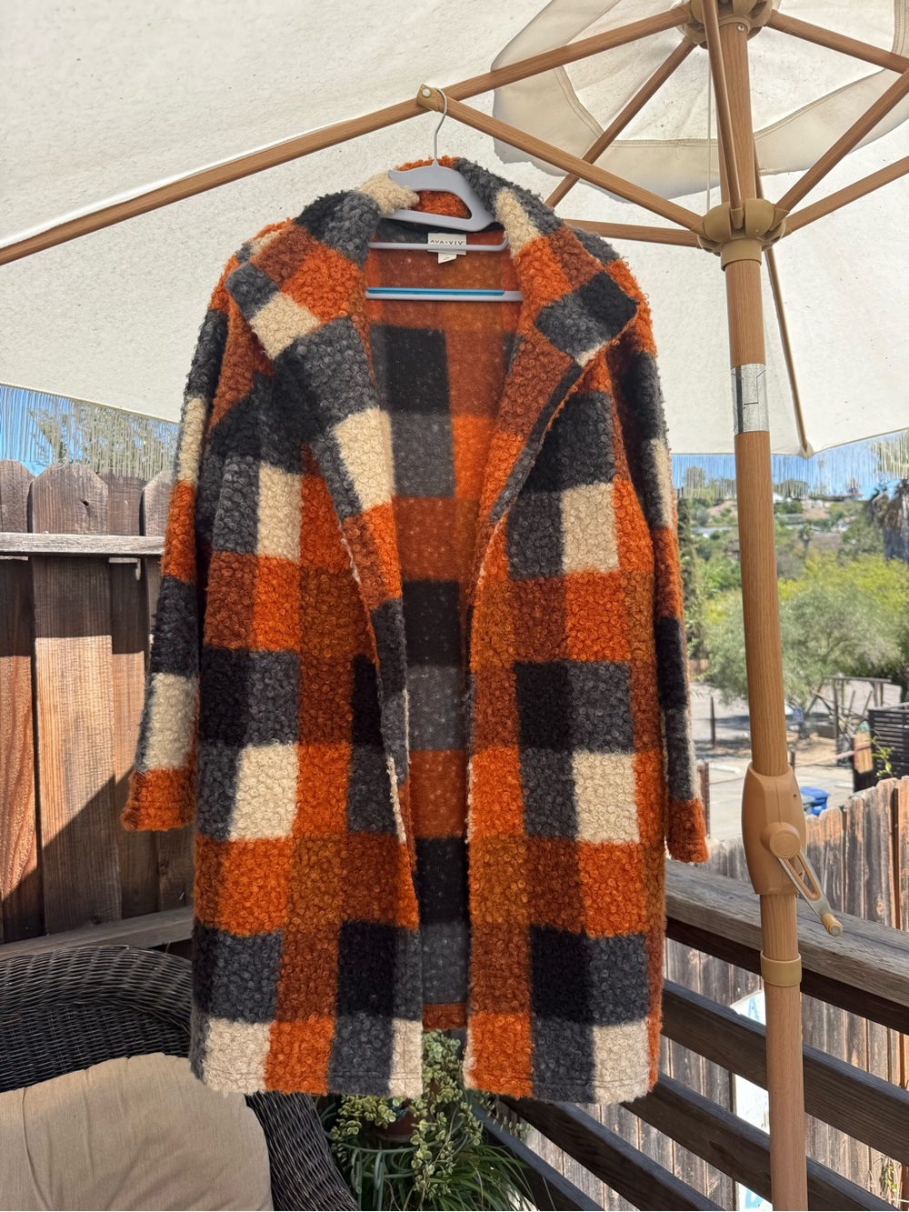 Ava & Viv Checkered Teddy Coat — Orange/Black/Cream
